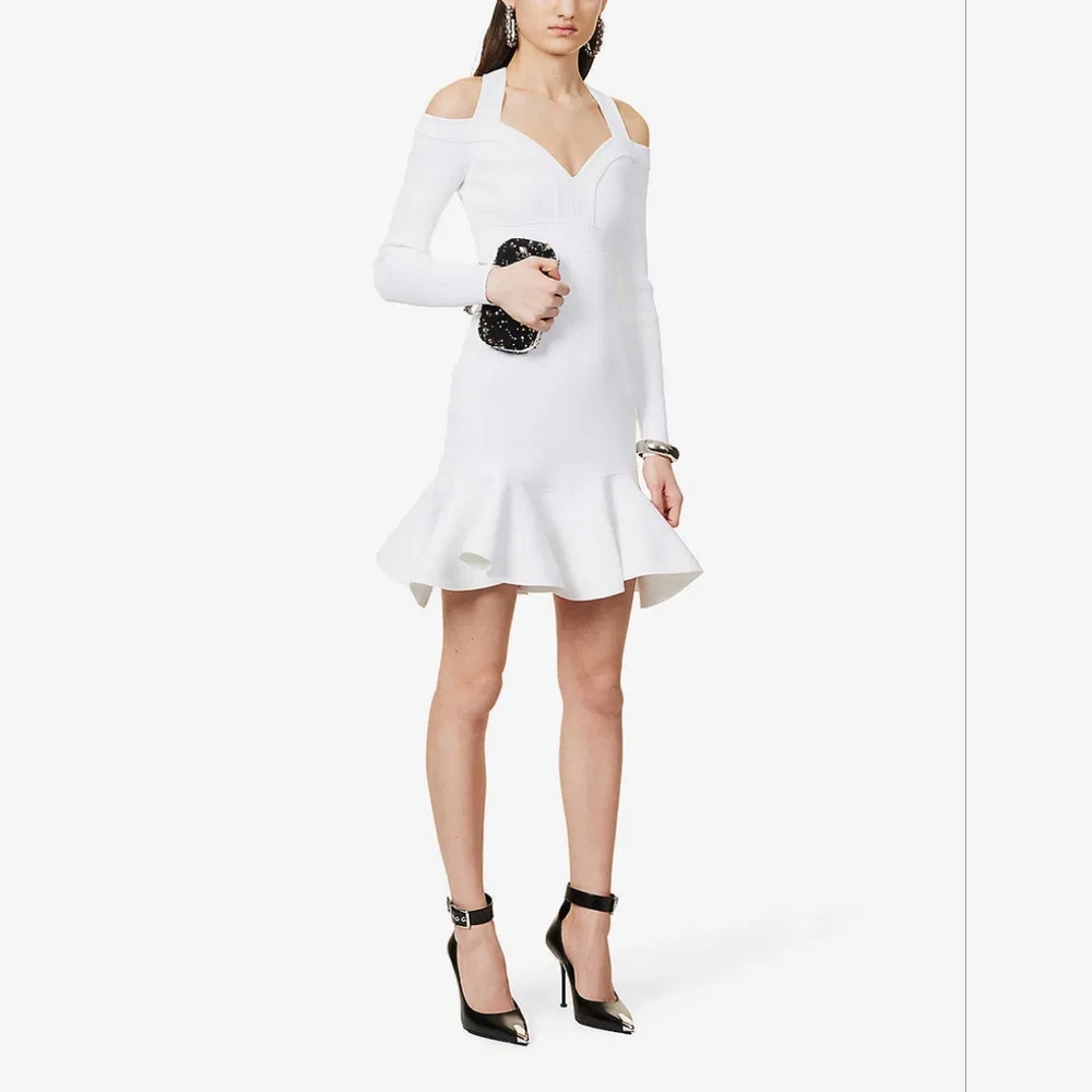 ALLEXANDER MCQUEEN Ruffle Hem Rib Knit Mini Dress In Optic White Sz L Org $2,590